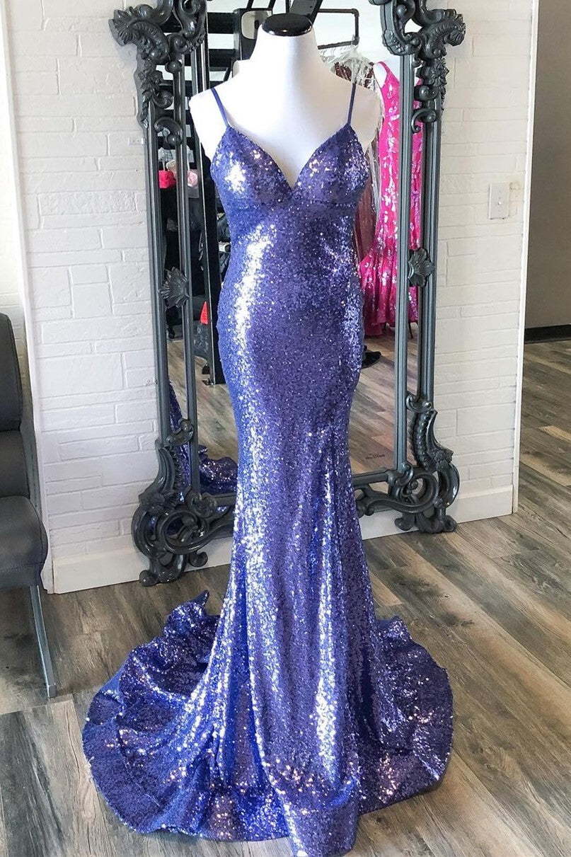 Purple Sequin Mermaid Long Prom Dress with Open Back