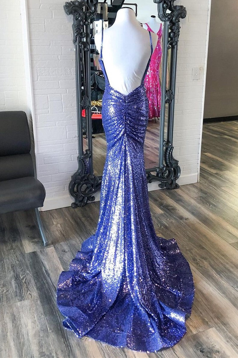 Purple Sequin Mermaid Long Prom Dress with Open Back