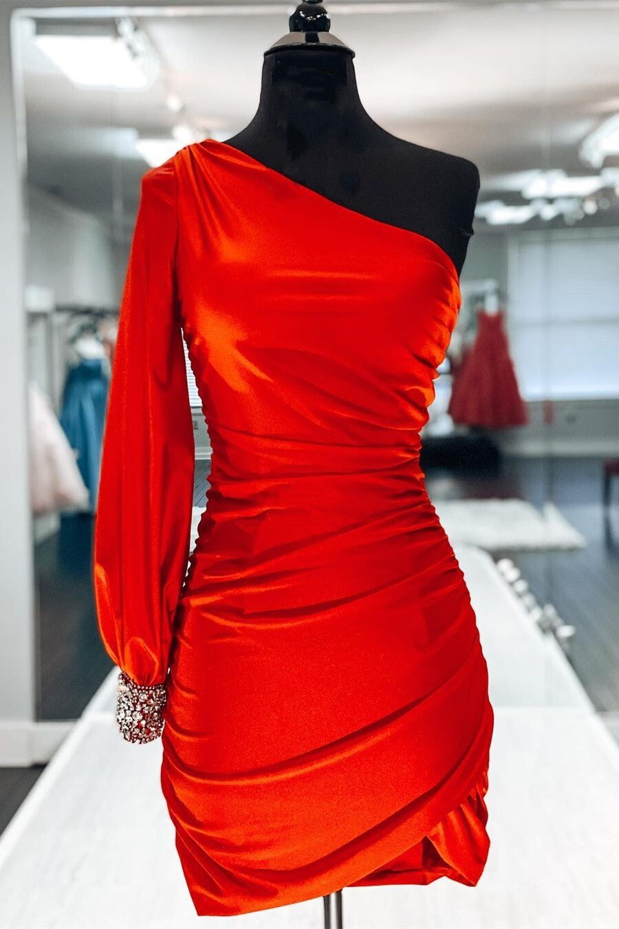 Red One Shoulder Long Sleeve Bodycon Mini Dress – Dressesforparty