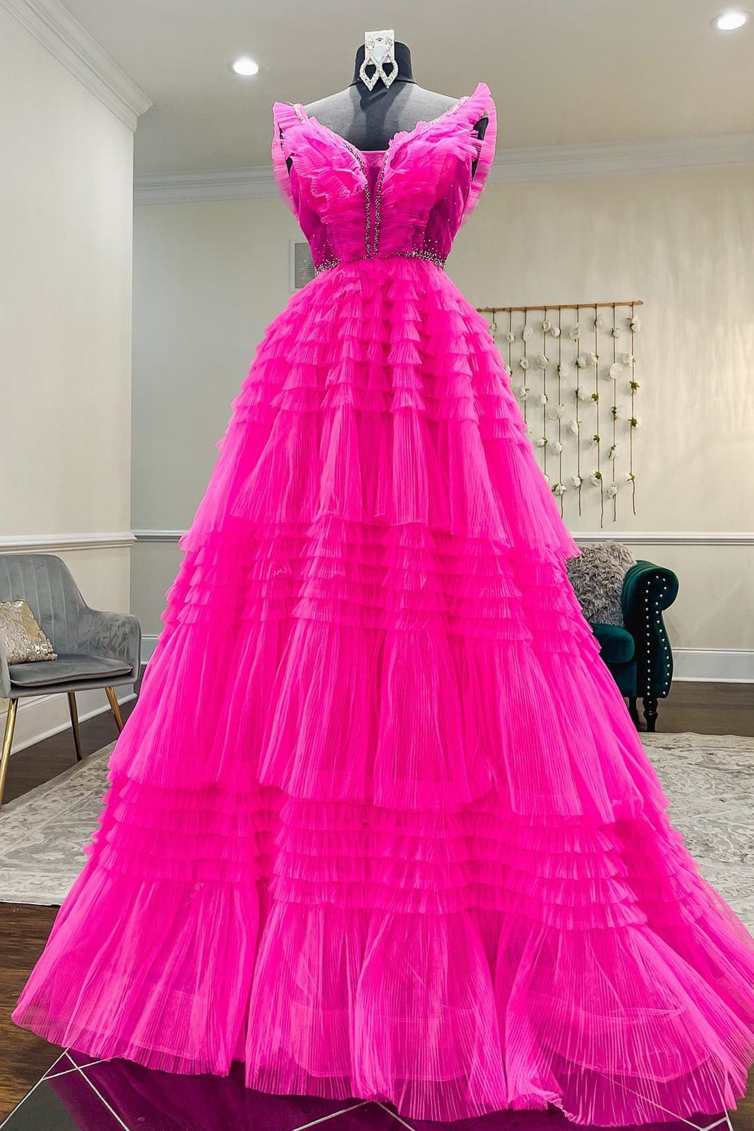 Hot Pink Tiered Layers A-line Long Formal Gown