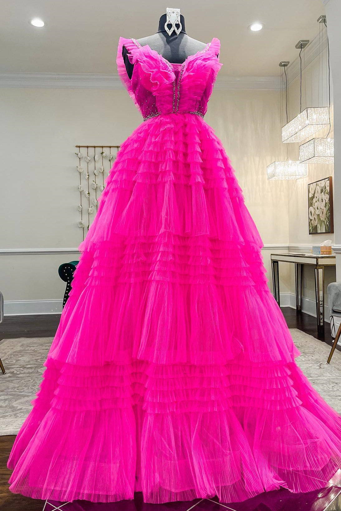 Hot Pink Tiered Layers A-line Long Formal Gown