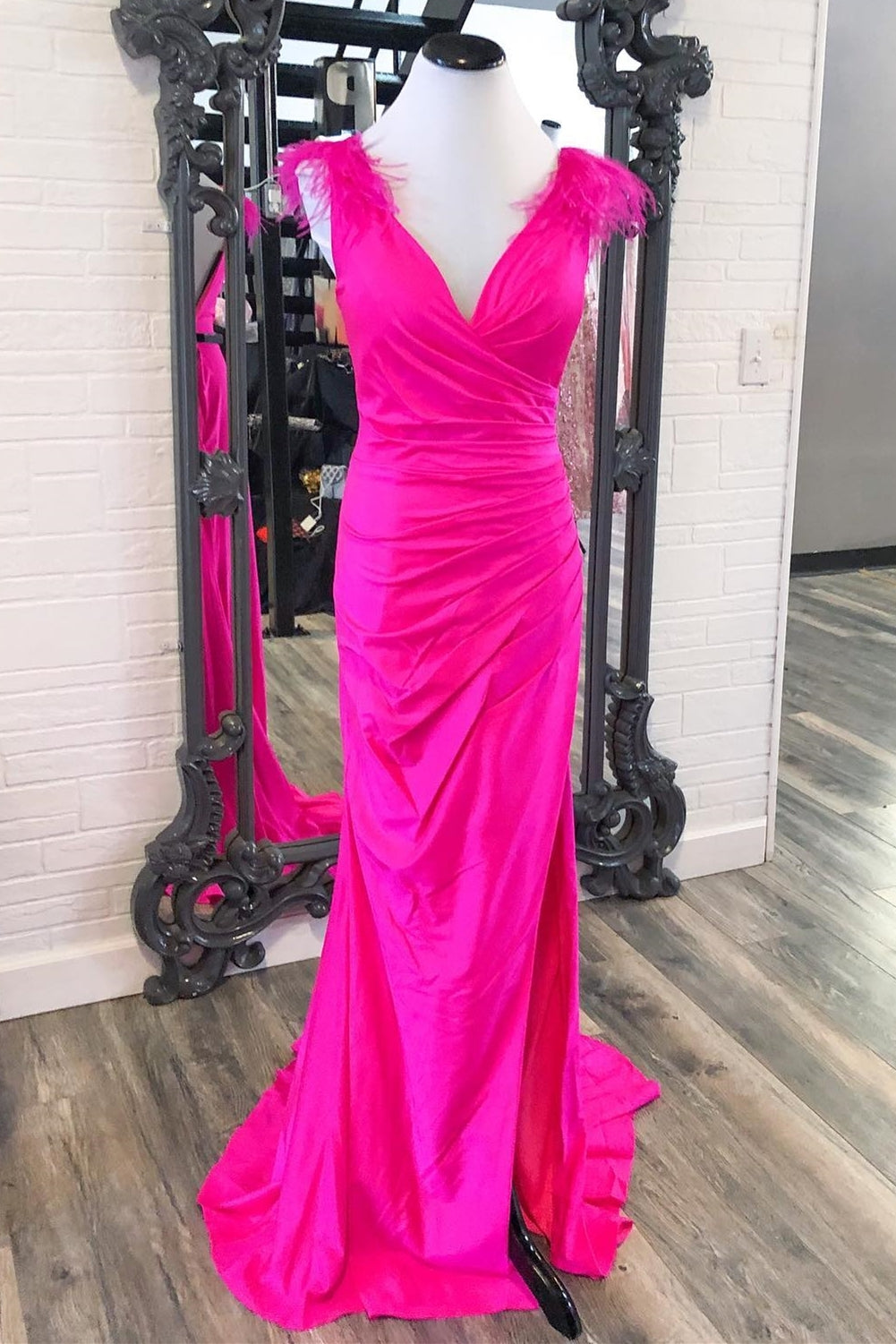 Elegant Hot Pink Mermaid Ruched Slit Formal Dress