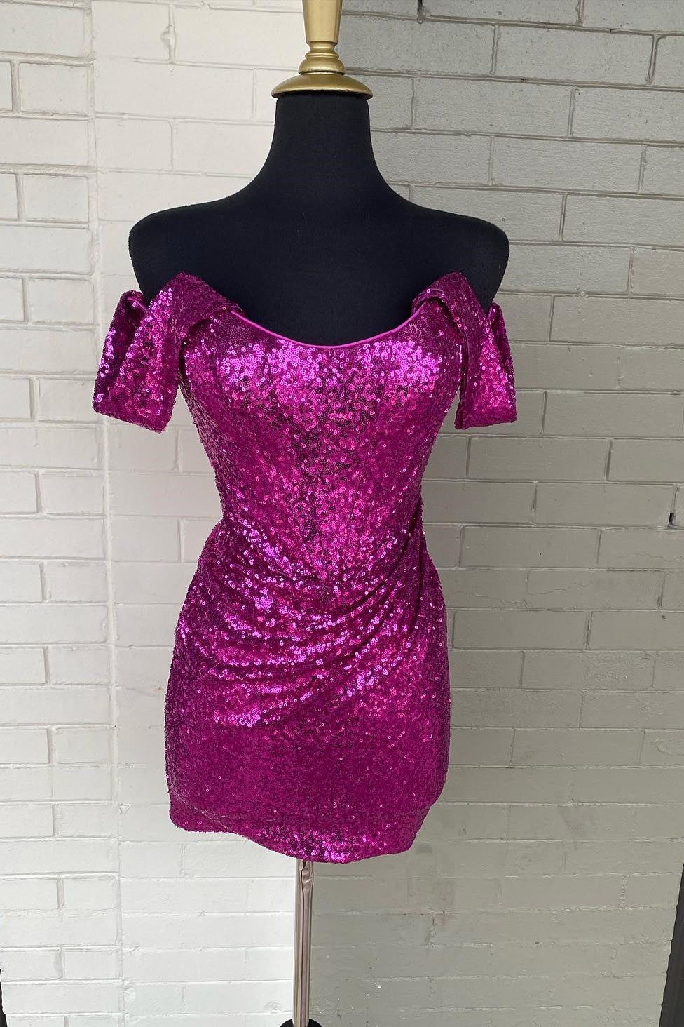 Fuchsia Sequin Off the Shoulder Bodycon Mini Party Dress