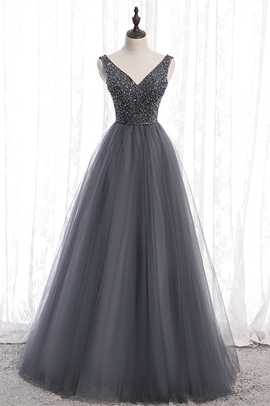 A-line Beaded Grey Tulle Long Party Dress 
