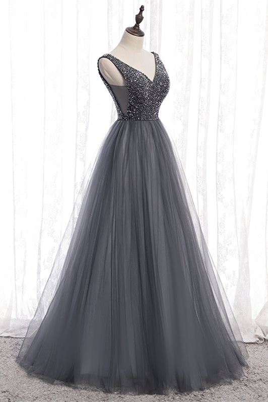 A-line Beaded Grey Tulle Long Party Dress 