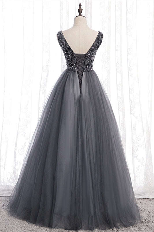 A-line Beaded Grey Tulle Long Party Dress 