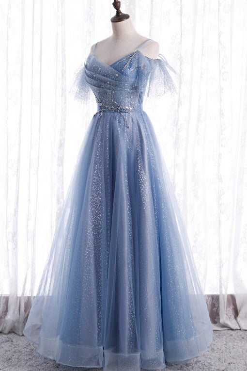 Blue A-line Long Formal Dress with Spaghetti Straps