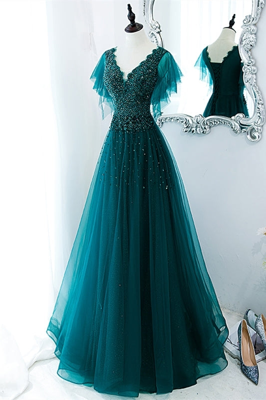 Green A-line Appliques Long Formal Dress with Flutter Sleeves