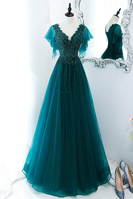 Green A-line Appliques Long Formal Dress with Flutter Sleeves