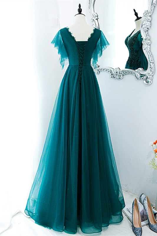 Green A-line Appliques Long Formal Dress with Flutter Sleeves