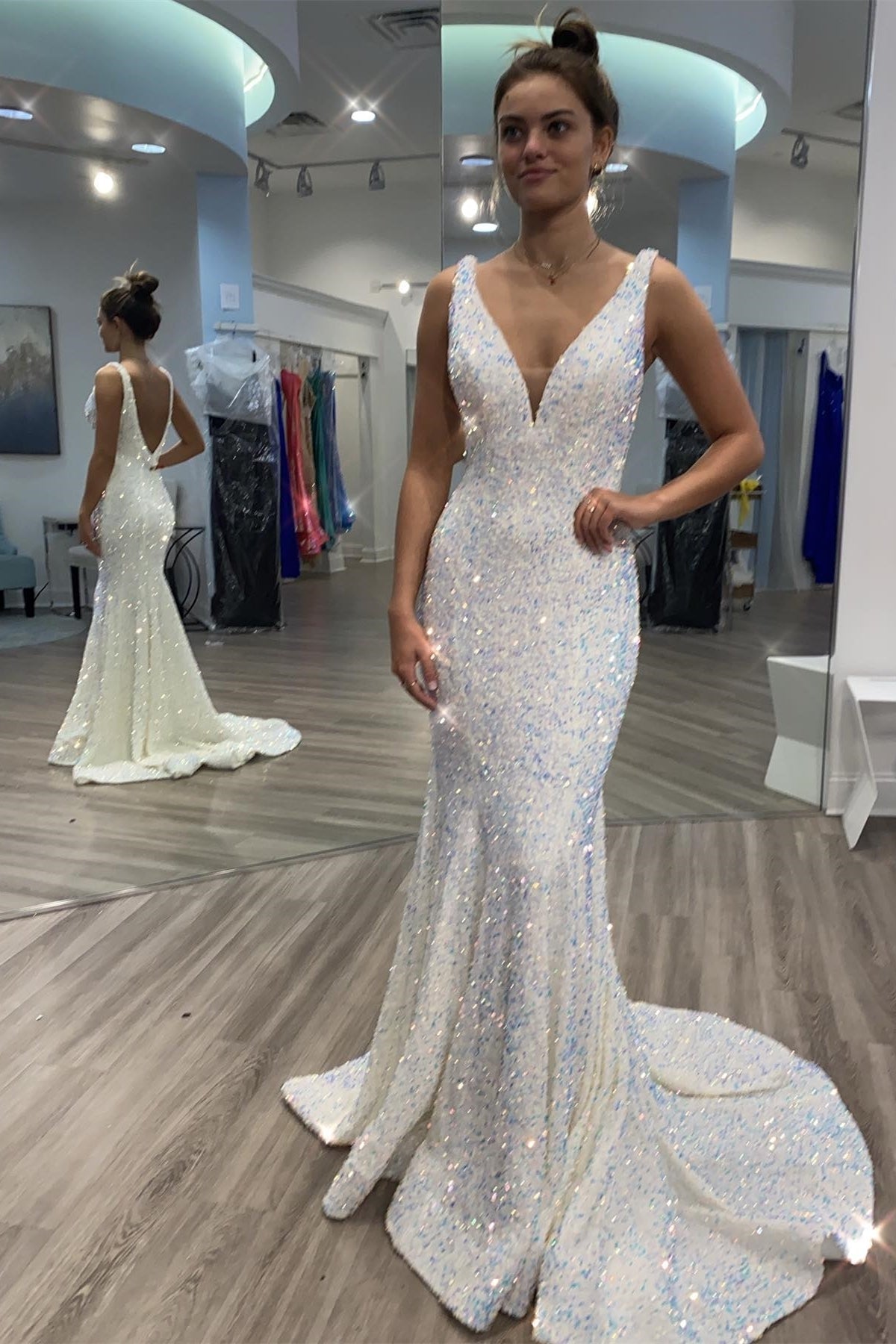 Stunning White Sequin Mermaid Long Formal Dress 