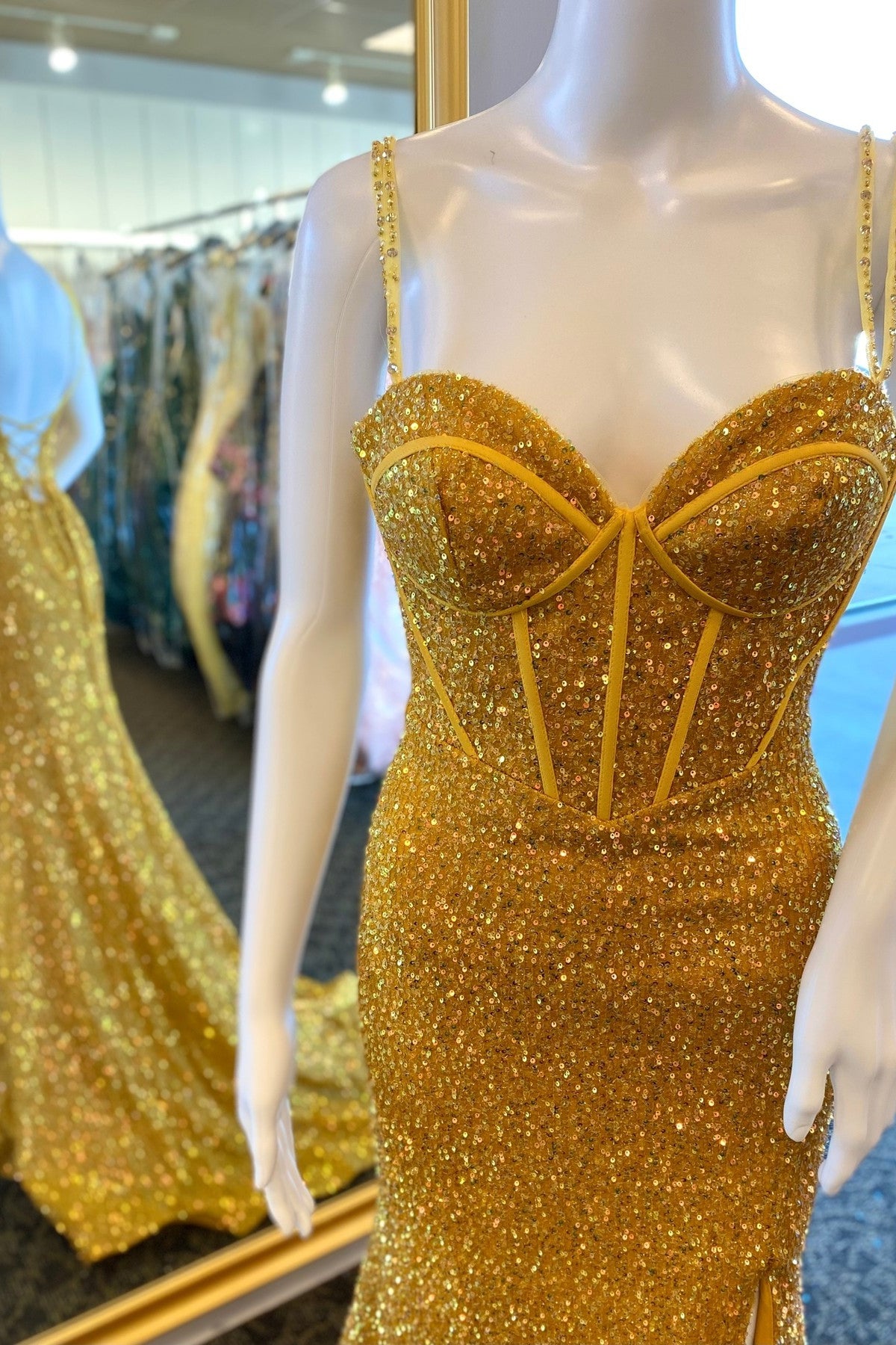 Yellow Sequin Mermaid Long Prom Dress with Straps