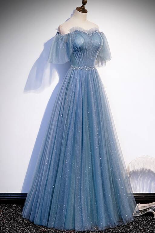 Simple Blue A-line Off the Shoulder Long Prom Dress