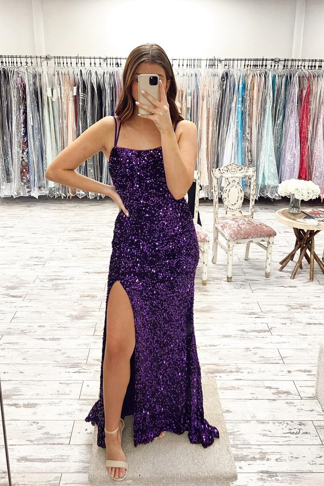 Purple Sequin Straps Mermaid Long Prom Dress with Slit