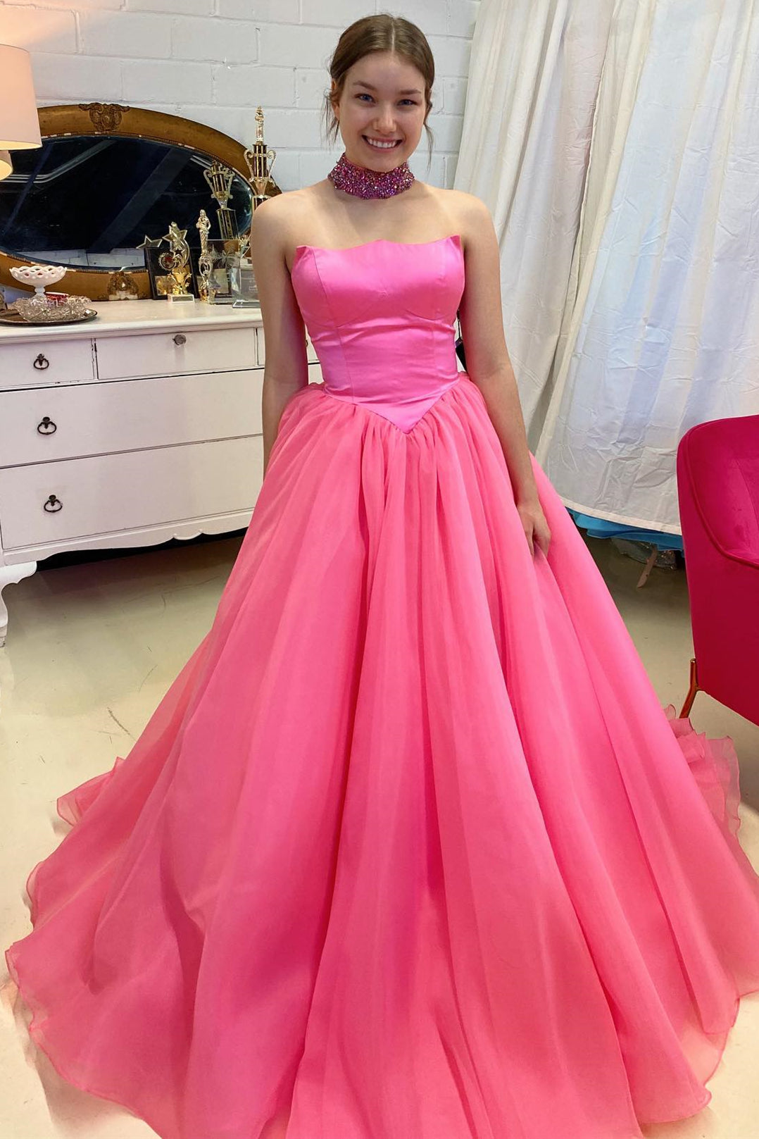 Strapless Hot Pink A-line Cinderella Gown
