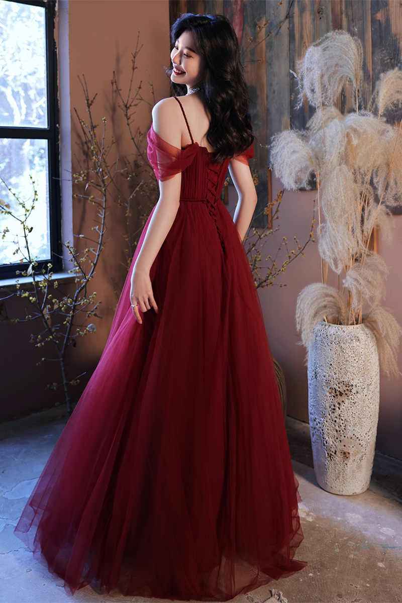 Straps A-line Burgundy Tulle Long Evening Dress