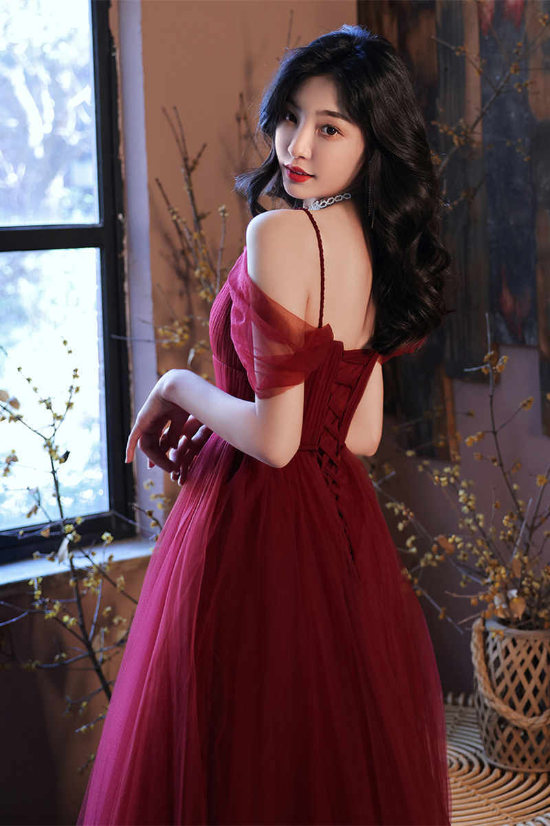 Straps A-line Burgundy Tulle Long Evening Dress Dressesforparty Straps A-line Burgundy Tulle Long Evening Dress Dressesforparty