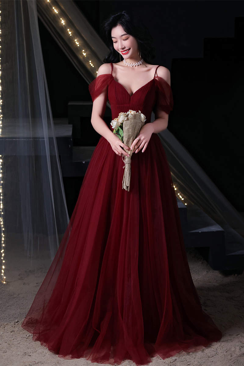 Straps A-line Burgundy Tulle Long Evening Dress Dressesforparty Straps A-line Burgundy Tulle Long Evening Dress Dressesforparty