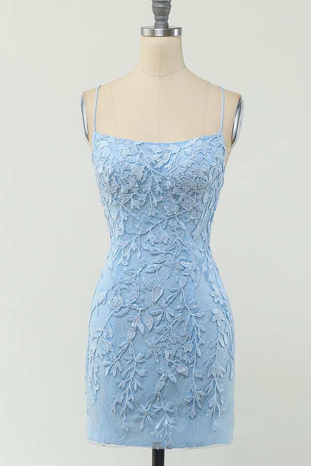 Tight Light Blue Lace Short Homecoming Dress 