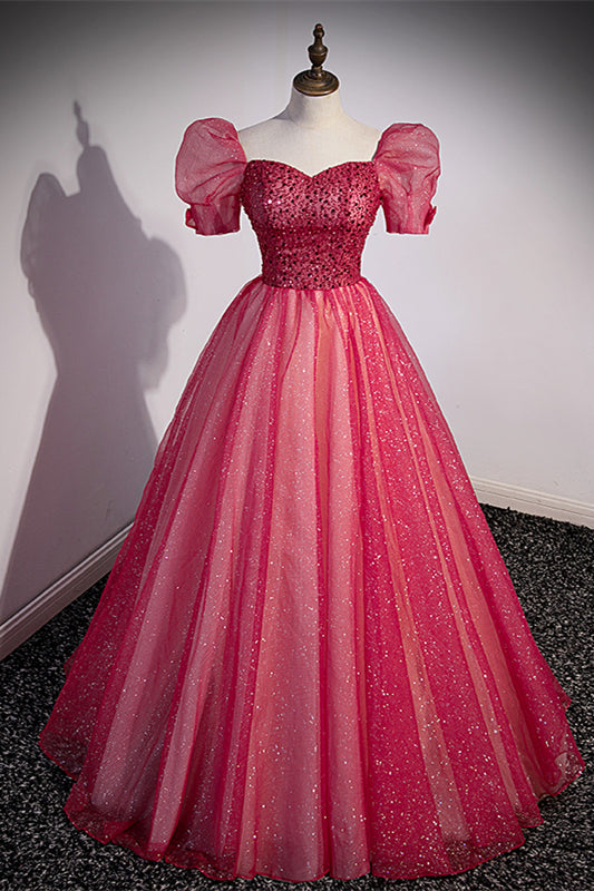 Short Sleeves Red Beaded A-line Long Formal Gown