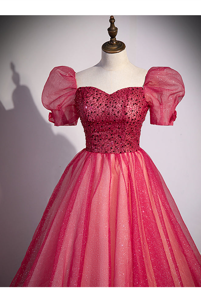 Short Sleeves Red Beaded A-line Long Formal Gown