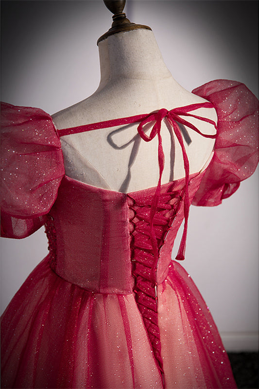 Short Sleeves Red Beaded A-line Long Formal Gown