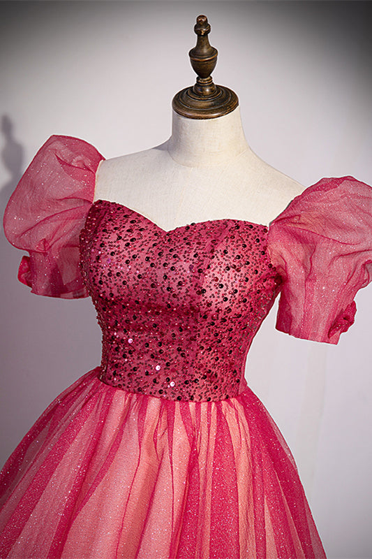 Short Sleeves Red Beaded A-line Long Formal Gown