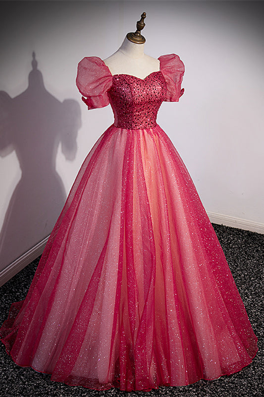 Short Sleeves Red Beaded A-line Long Formal Gown
