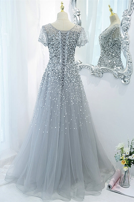 Cap Sleeves Silver Sequins A-line Long Formal Dress