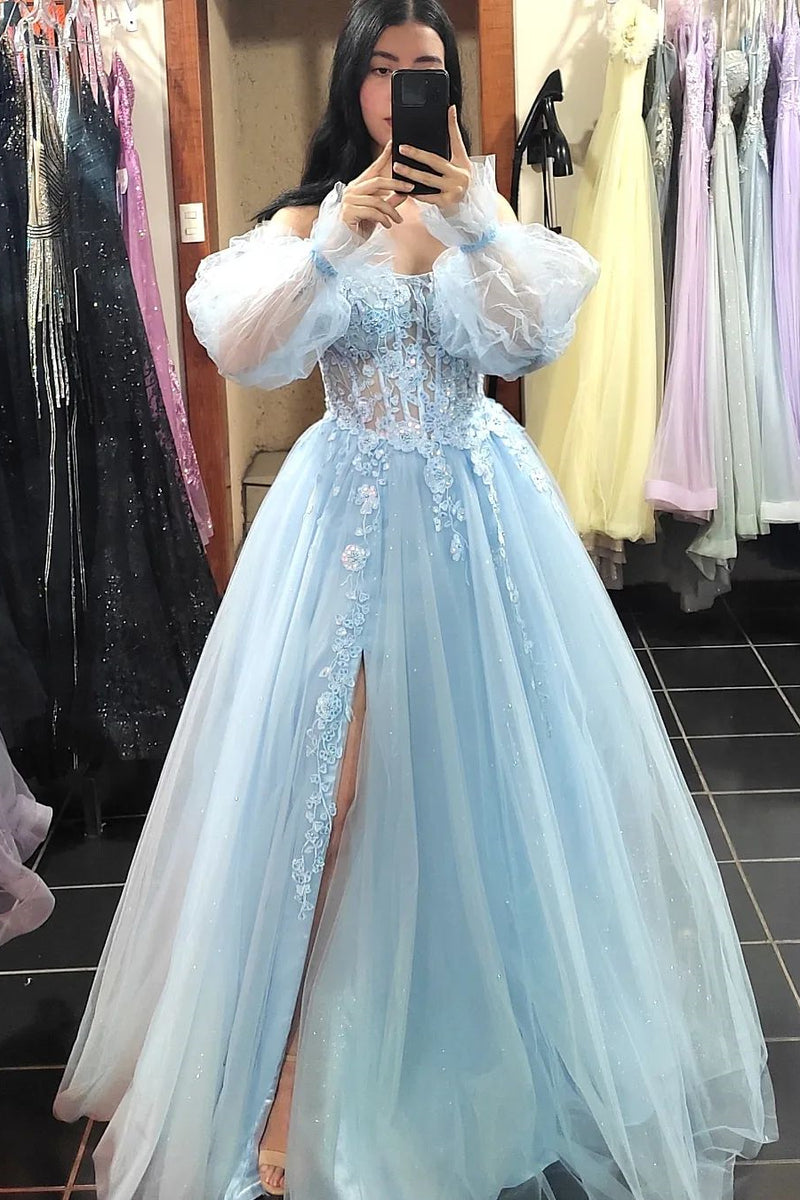 Princess Light Blue Lace Appliques A-line Formal Dress