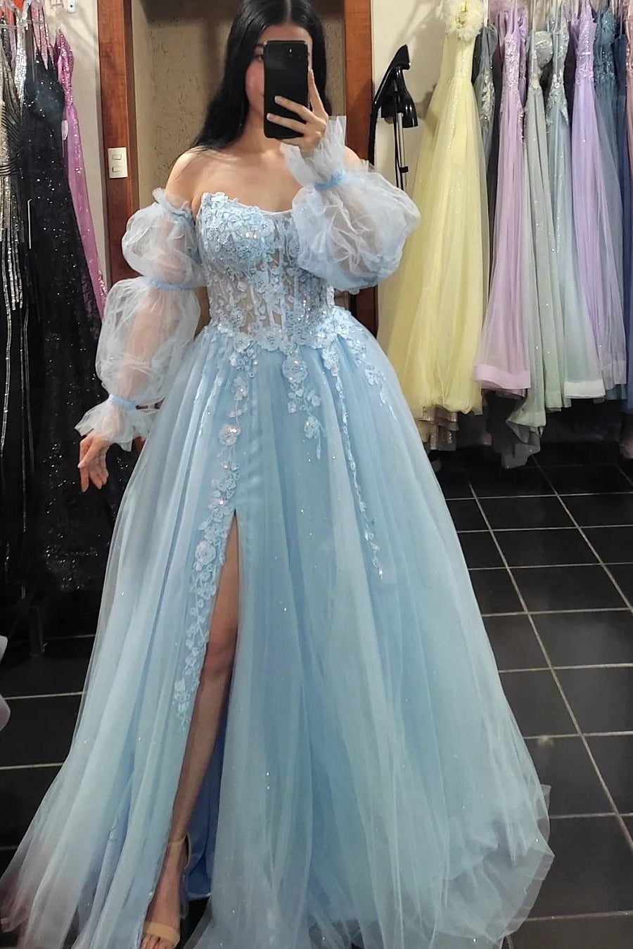 Princess Light Blue Lace Appliques A-line Formal Dress
