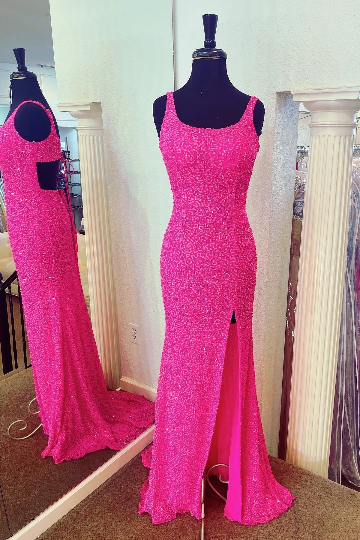 Glitters Hot Pink Mermaid Scoop Long Prom Dress with Slit