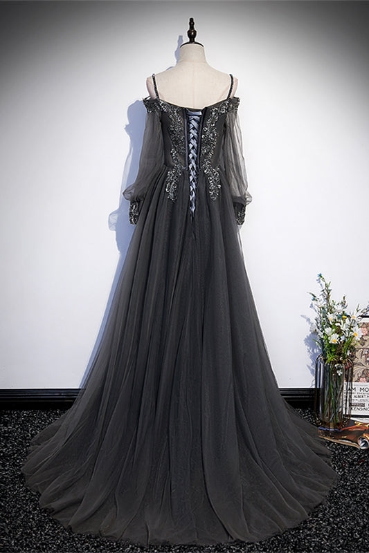 Grey Tulle A-line Long Formal Dress with Long Sleeves 