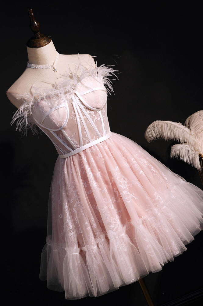 Strapless Short Pink Party Dress with Feather