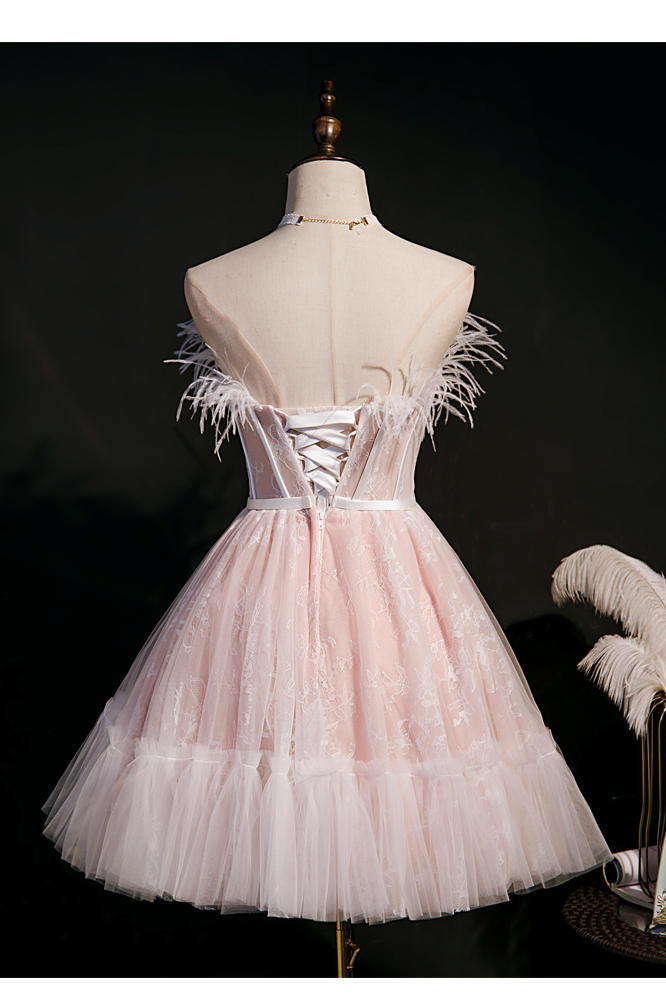 Strapless Short Pink Party Dress with Feather