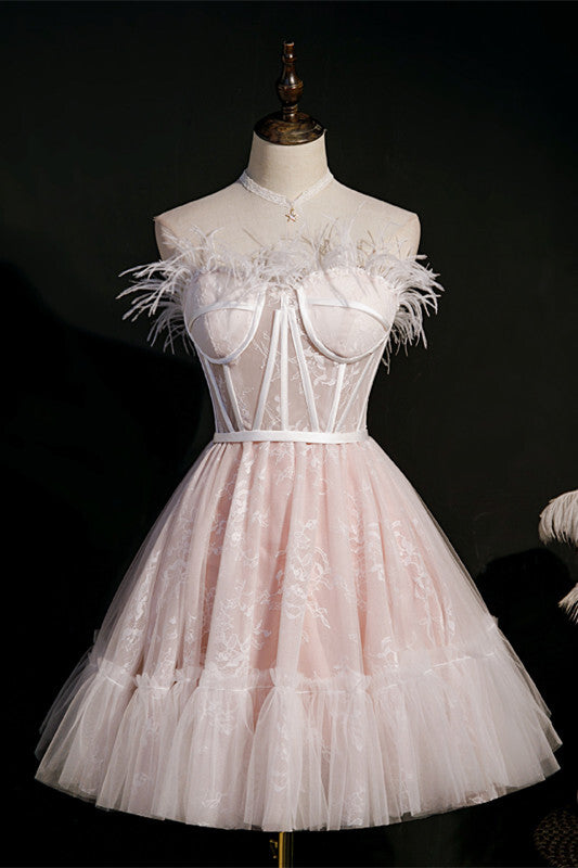 Strapless Short Pink Party Dress with Feather