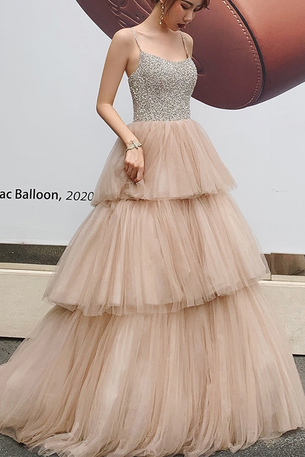 Spaghetti Straps Champagne Tiered Long Formal Gown