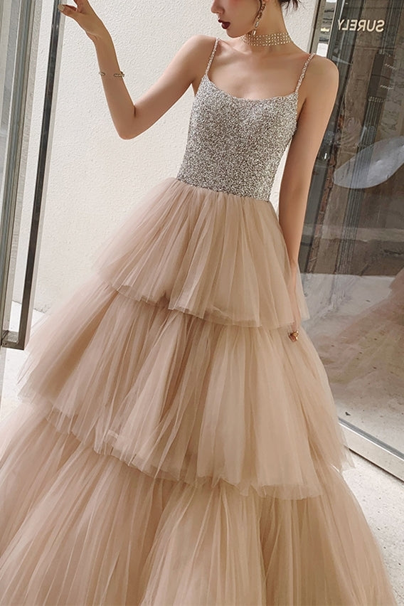 Spaghetti Straps Champagne Tiered Long Formal Gown