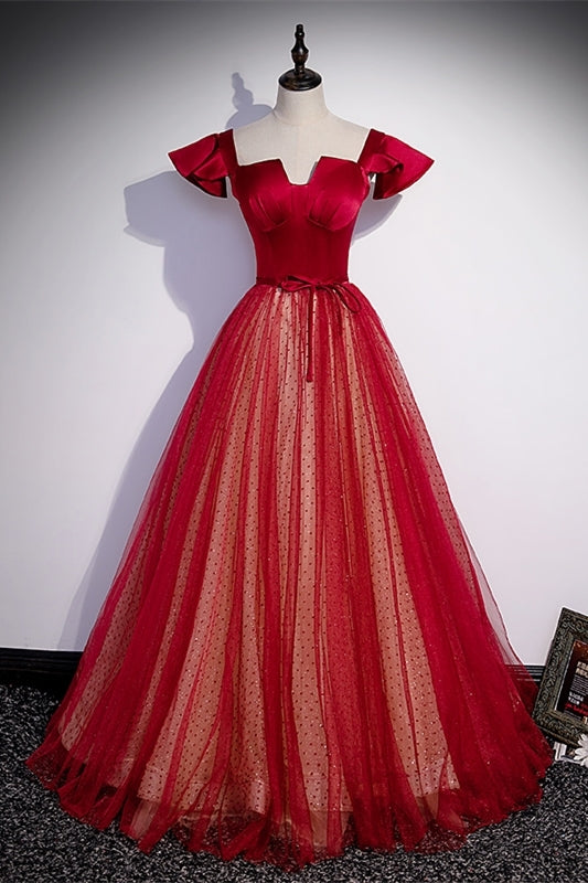 Unique Red A-line Long Princess Dress with Cap Sleeves – Dressesforparty