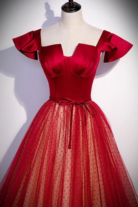 Unique Red A-line Long Princess Dress with Cap Sleeves