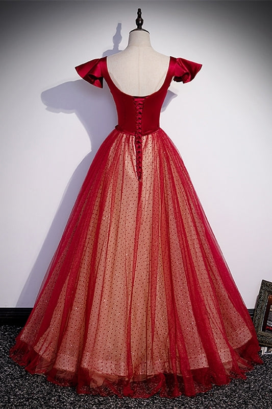 Unique Red A-line Long Princess Dress with Cap Sleeves