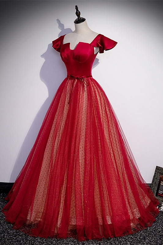 Unique Red A-line Long Princess Dress with Cap Sleeves