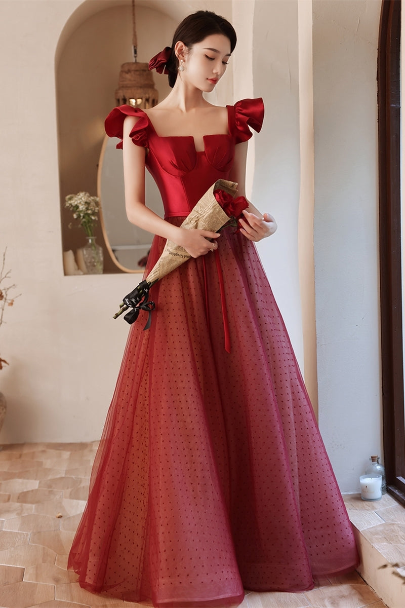 Unique Red A-line Long Princess Dress with Cap Sleeves