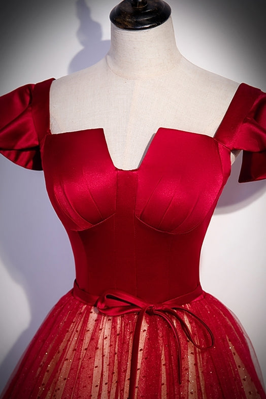 Unique Red A-line Long Princess Dress with Cap Sleeves