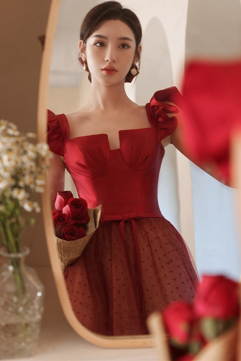 Unique Red A-line Long Princess Dress with Cap Sleeves