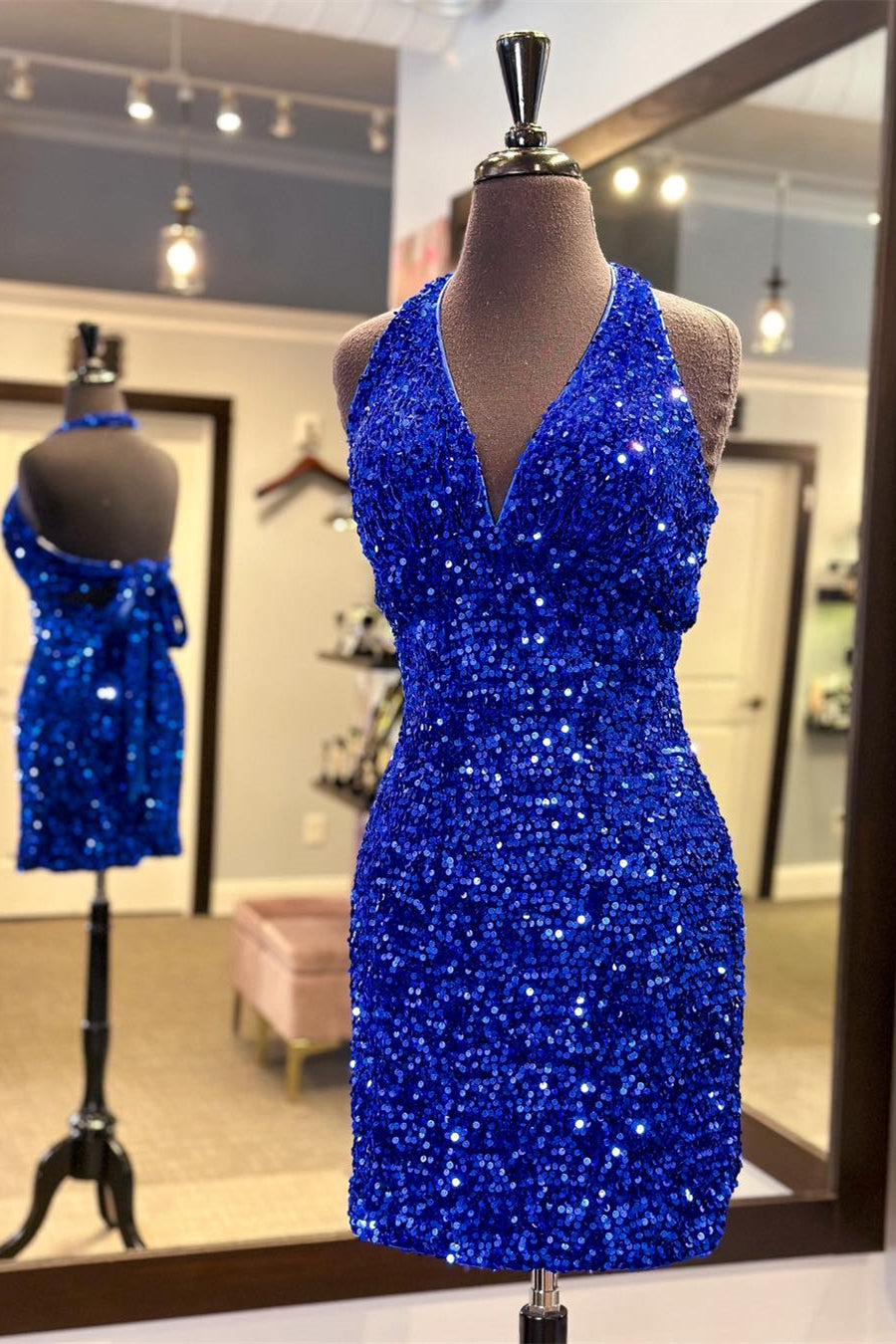 Halter Royal Blue Sequin Tight Mini Dress