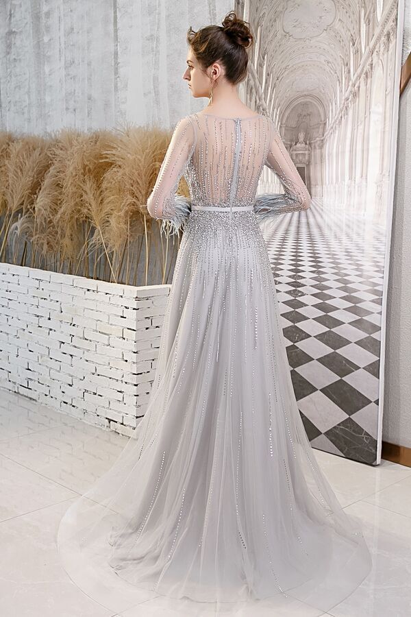 Long Sleeves Silver Tulle Long Evening Dress