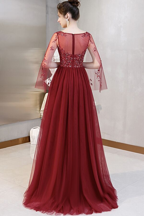 Luxury Wine Red Long Evening Dress with Long Sleeves