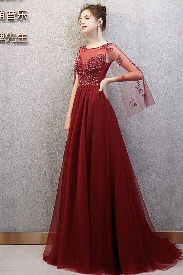 Luxury Wine Red Long Evening Dress with Long Sleeves