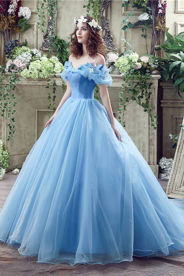 Off the Shoulder Blue Cinderella Ball Gown